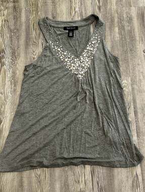 White House Black Market Gray Embellished Pearl & Rhinestone V-Neck Tank Top